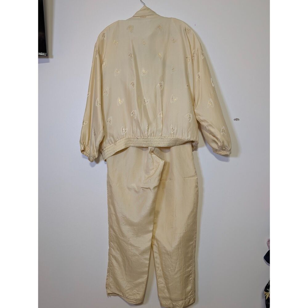 Vintage 90s Silk Butterfly Tracksuit Set Champagne Boho Luxe Size L Pale Yellow - Picture 3 of 15